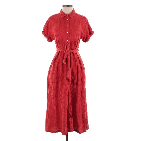 XiRENA Caylin Dress Cotton Gauze Muslin Button Down Midi Cherry Red Pockets XS - Picture 2 of 9